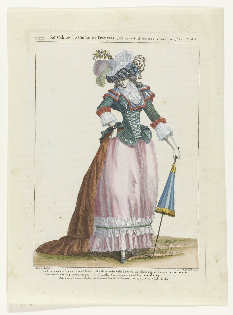 时装店
Gallerie des Modes et Costumes Francais，1787 年。HHH.325：《窈窕淑女》（La Belle Omphale 作者 杜宾
