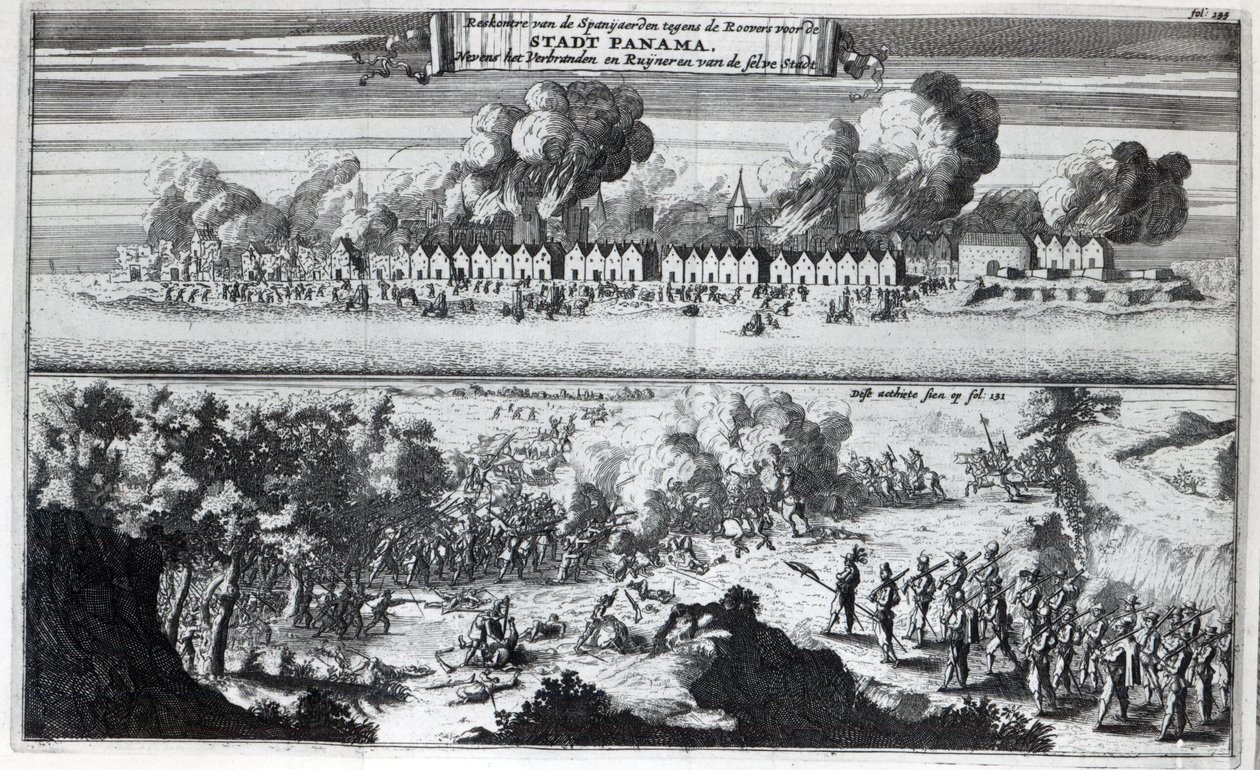 1671年，1678年在巴拿马袭击期间，海盗和西班牙人之间的战斗 作者 荷兰学校
