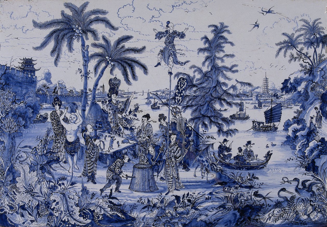 带有中国风景和镀金细节的牌匾，c.1680（彩陶） 作者 荷兰学校