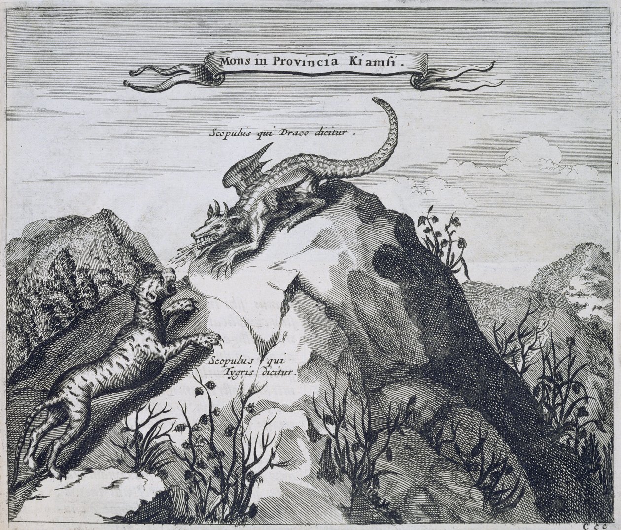 江西省一座山被称为龙与虎的山，来自中国的Athanasius Kircher（1601-80）1667 作者 荷兰学校
