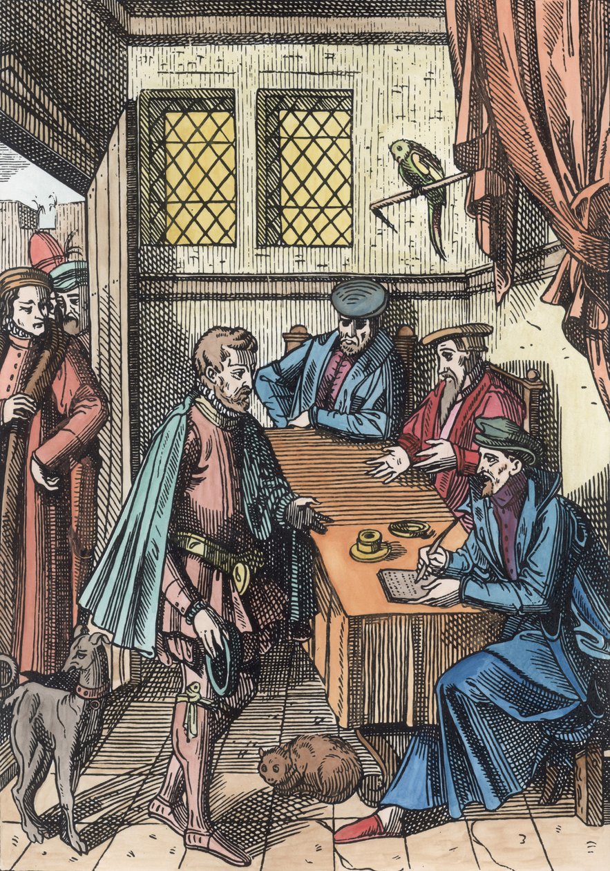Bailliage，或国王法庭的法庭，在Joos de Damhouder（1507-81）的Praxis Rerum Civilium木版画后，于1557年出版了安特卫普（后来着色） 作者 荷兰学校
