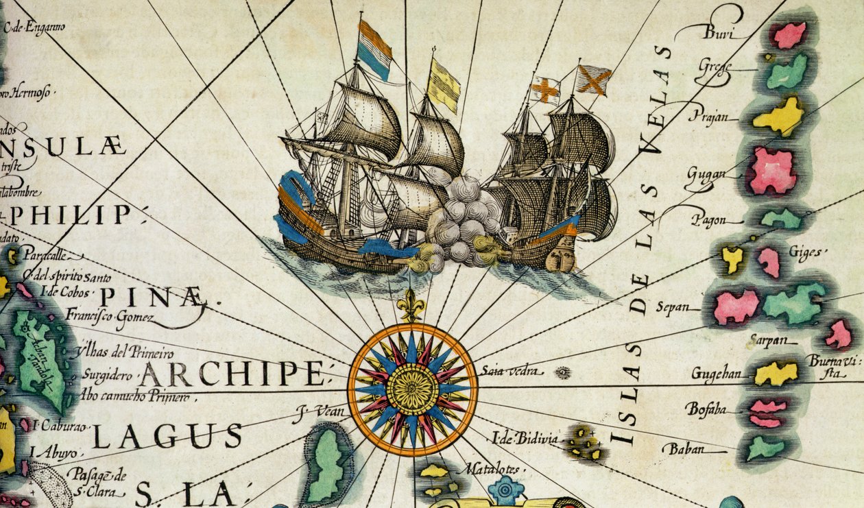 C.3.c.8 交战船只，菲律宾外海，墨卡托 "地图集 "第 361-2 页（Insulae Indiae Orientalis）的细节 作者 荷兰学校