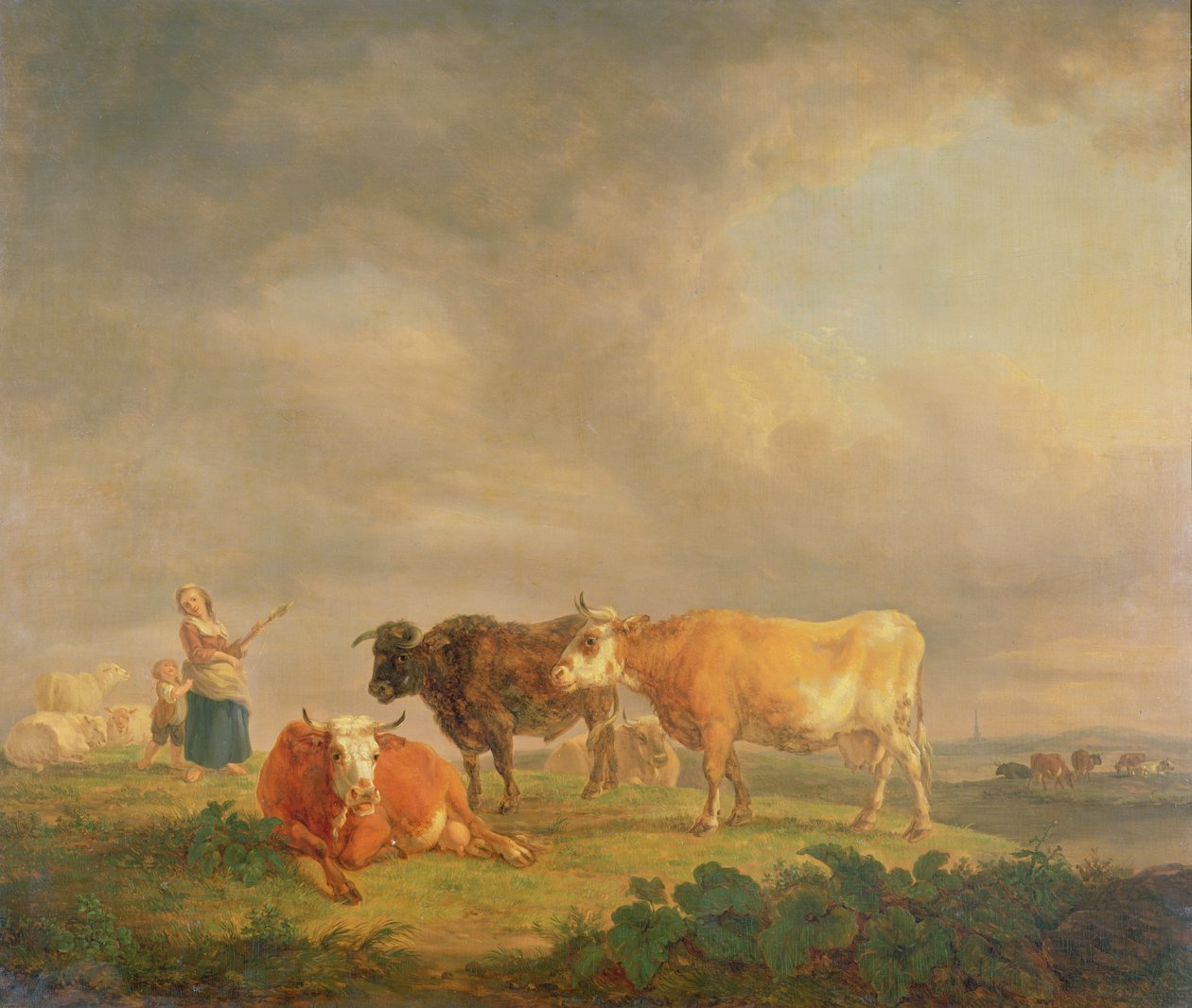 放牧在景观中的牛，1820（面板） 作者 荷兰学校