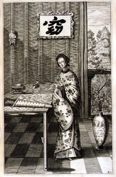 中国女子与夜莺，出自亚塔纳修斯-基尔切尔（1601-80）的《中国图说》1667年（雕刻）。 作者 荷兰学校