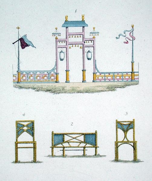 中国大门和花园座椅，来自G. van Laar的 "花园宝石杂志"，1802年出版（彩色平印）。 作者 荷兰学校