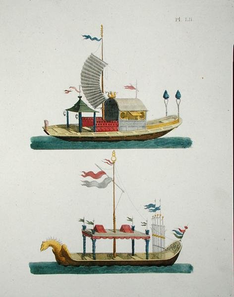 中国的观赏船，来自G. van Laar的 "花园宝石杂志"，1802年出版（彩色平印）。 作者 荷兰学校