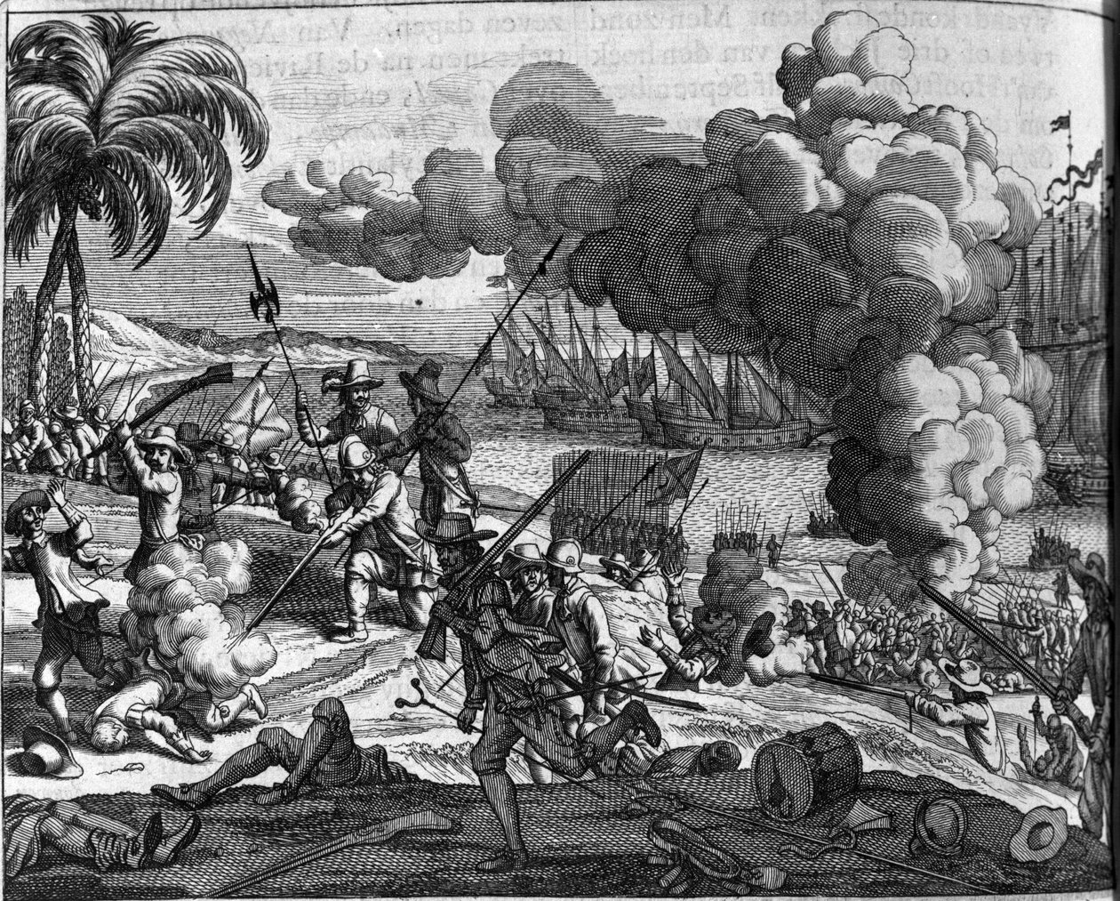 殖民化：1658年，荷兰舰队将葡萄牙人赶出锡兰（今斯里兰卡或斯里兰卡）。荷兰印刷品，出自菲利普斯-巴尔达乌斯（或巴尔德）（1632-1671年）的 "Afgoderye de oost-indische heydenen"（对印度东部国家的描述）。 作者 荷兰学校