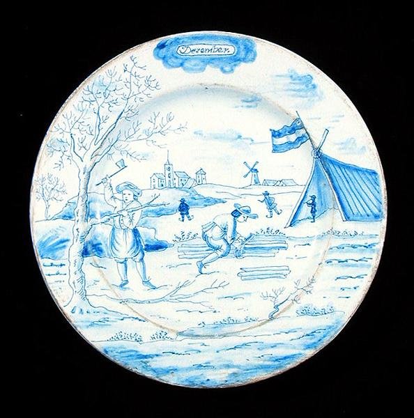 描绘12月的Delftware盘子（锡釉陶器） 作者 荷兰学校