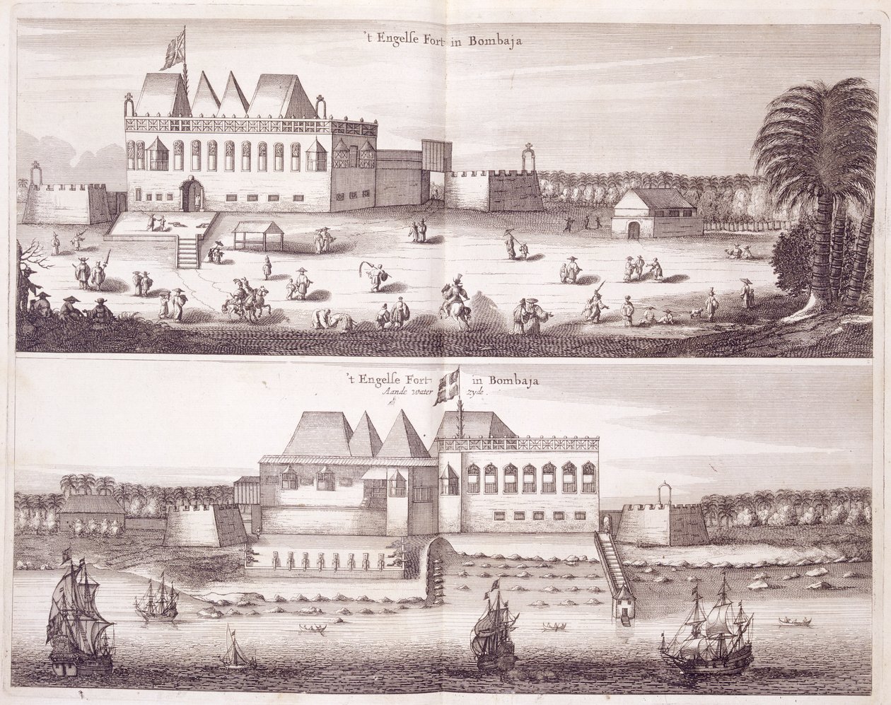 1672年孟买英国堡垒的正面和水边景观 作者 荷兰学校