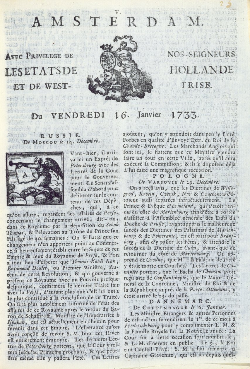1733年1月16日La Gazette dAmsterdam的头版（印刷纸） 作者 荷兰学校