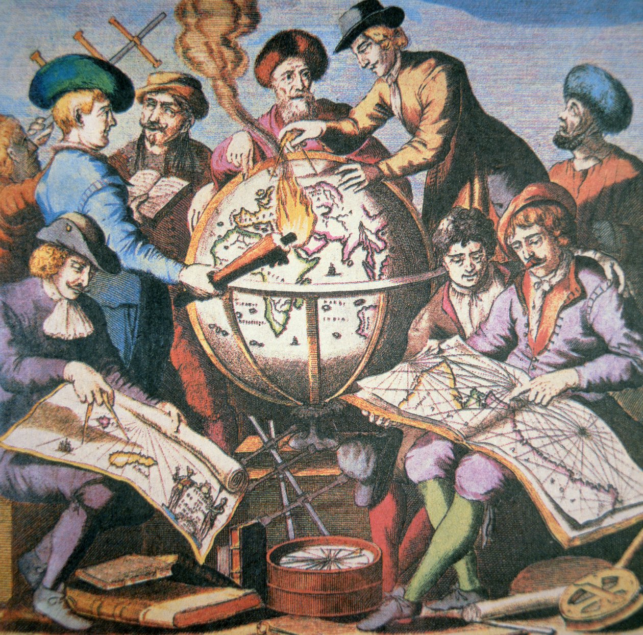 荷兰地图集》的封面，显示一组制图师和仪器，约1710年（彩色平印）。 作者 荷兰学校