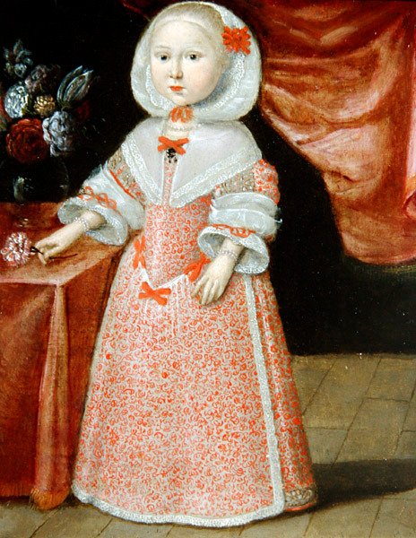 手持粉色和白色花朵的女孩，约1640年（铜上油画） 作者 荷兰学校