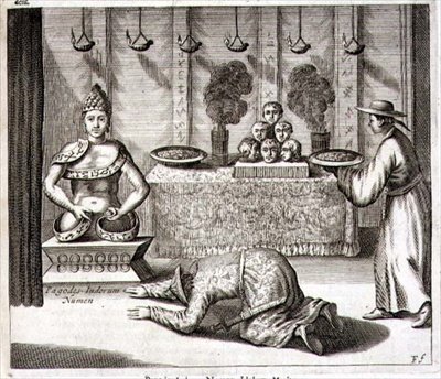 印度神庙内部，来自亚塔纳修斯-基尔切尔（1601-80）的《中国图说》1667年（雕刻）。 作者 荷兰学校