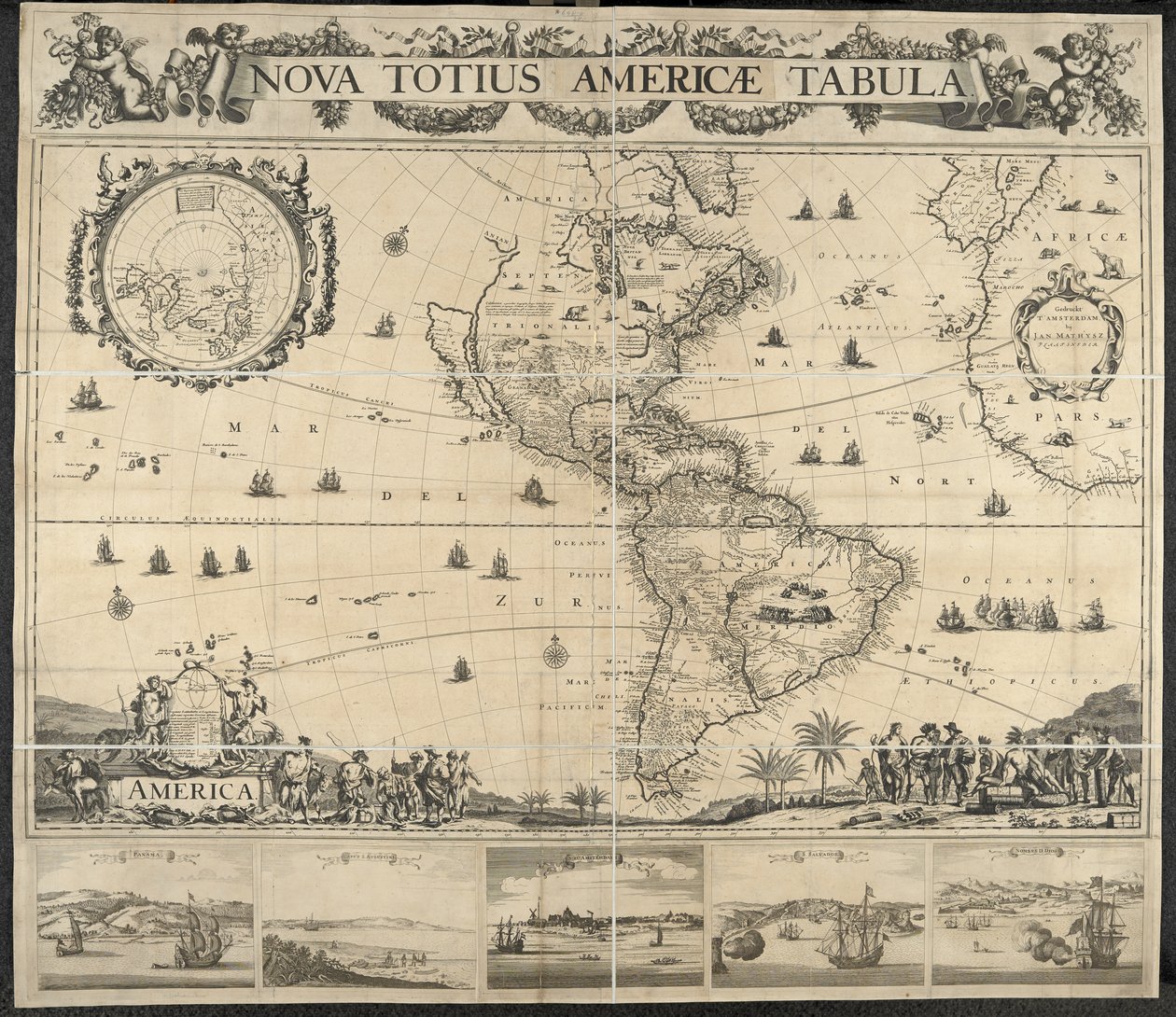 美洲地图，Nova totius Americae Tabula, [with Views of] Panama, Caput S. Augustini, Nieu Amsterdam, S. Salvador, Nombre D. Dios。由 J. Mathysz 绘制 作者 荷兰学校