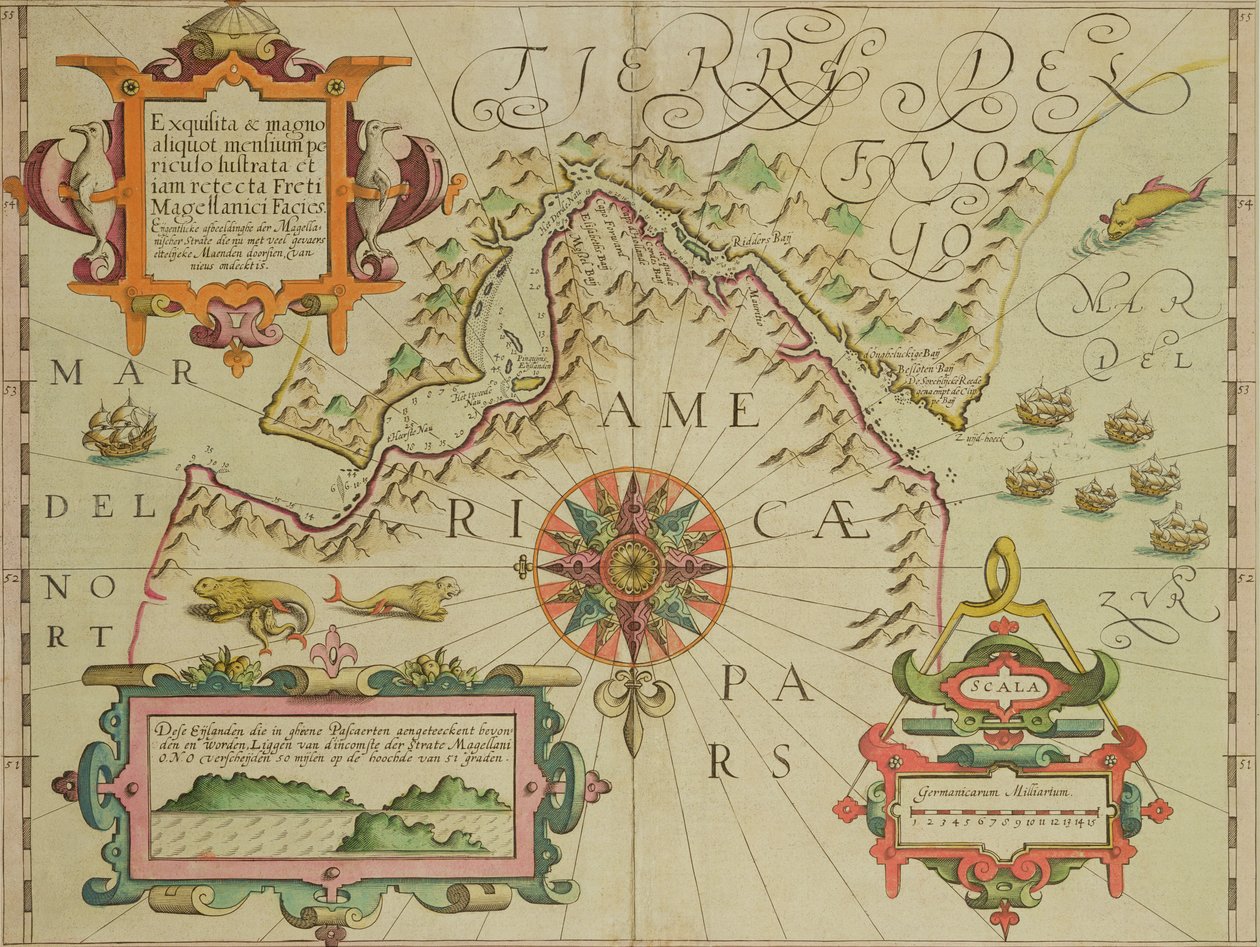 墨卡托阿特拉斯酒吧的巴塔哥尼亚麦哲伦海峡地图。作者：Jodocus Hondius（1563-1612）阿姆斯特丹，1606 作者 荷兰学校