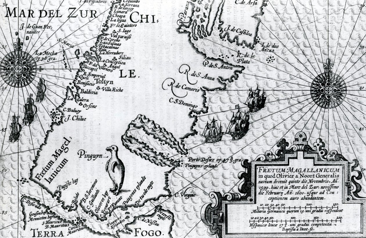 麦哲伦海峡的地图，从Oliver van Noorts描述他的航行，1602 作者 荷兰学校