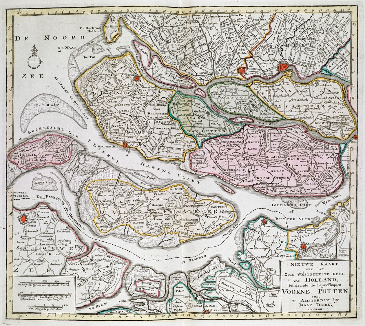 Nieuwe Kaart der van het Zuid Westelykste deel van Holland, behelzende de Baljuwschappen Voorne, Putten, enz.[荷兰 36 幅地图]伊萨克-蒂里恩 1739 年至 1757 年。 作者 荷兰学校