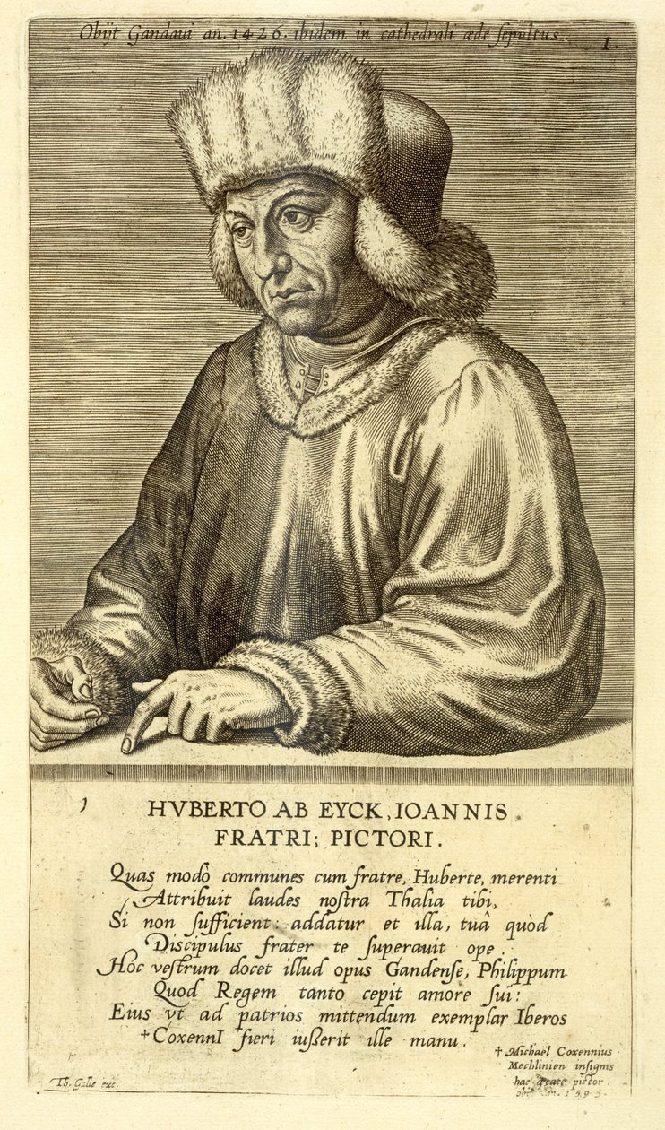 Hubert van Eyck（1366-1426）的肖像，来自艺术家的一系列肖像，由Theodor Galle雕刻（1571-1633） 作者 荷兰学校