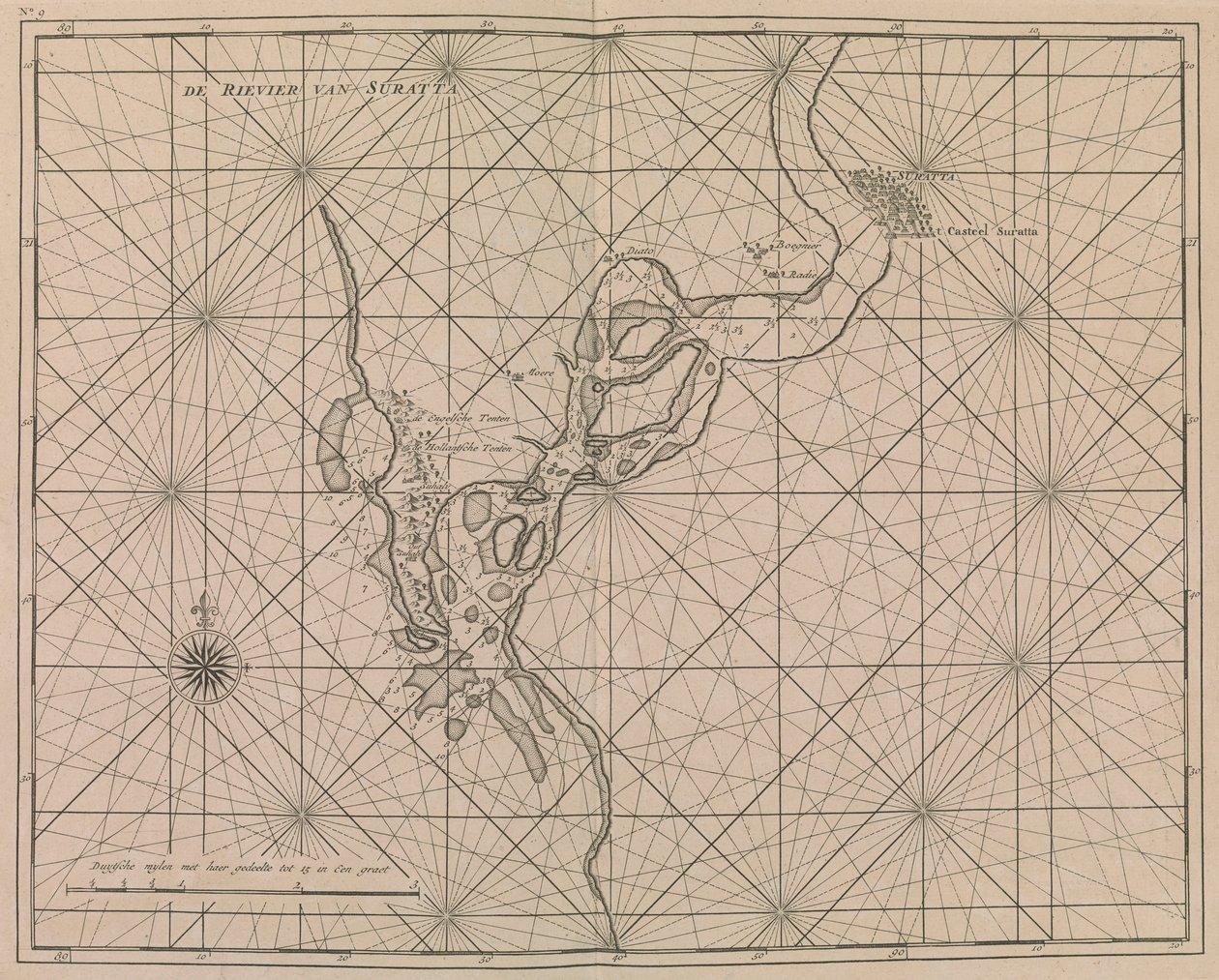通往苏拉特的河流，约 1726 年（印刷品） 作者 荷兰学校
