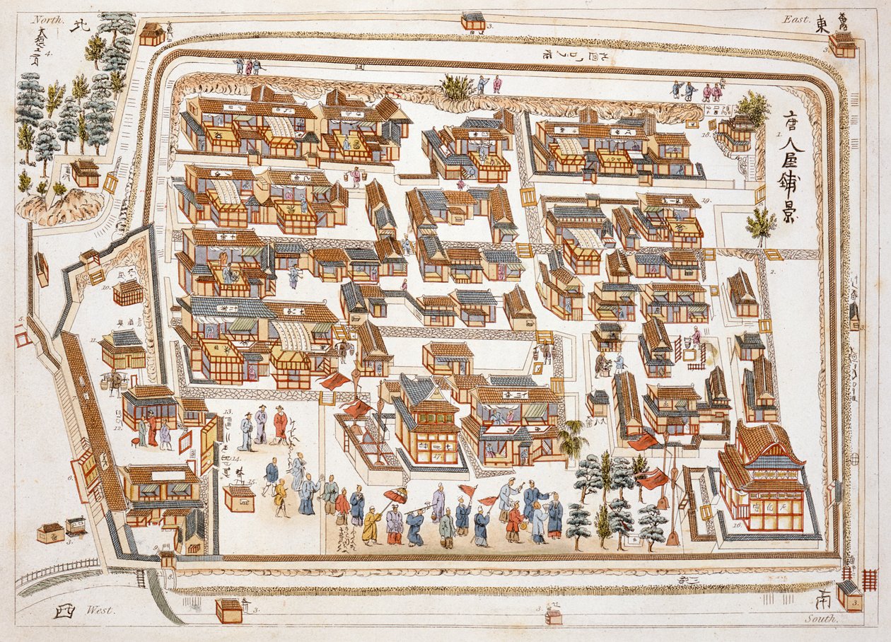位于南崎的Teng-chan街上的中国工厂于1688年由Isaac Titsingh（1740-1812）的日本插图创立，于1822年在伦敦出版 作者 荷兰学校