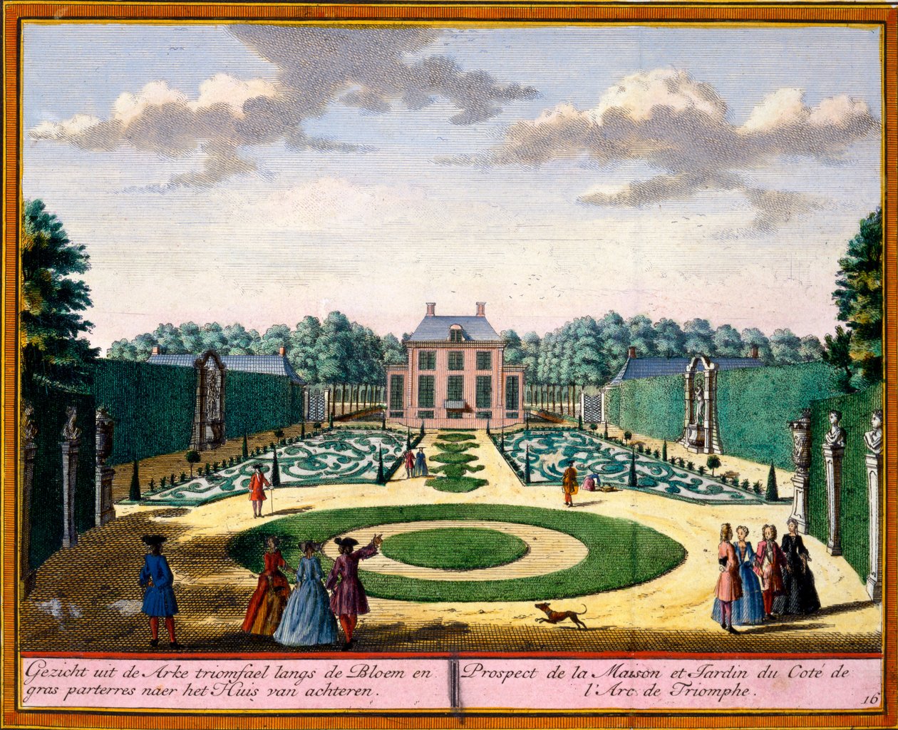 从Hendrick de Leth和Matthias Brouerius Van Nidek的Het Zeganpralent Kennemerlant看到的房子和花园靠近凯旋门，出版于1700-30 作者 荷兰学校