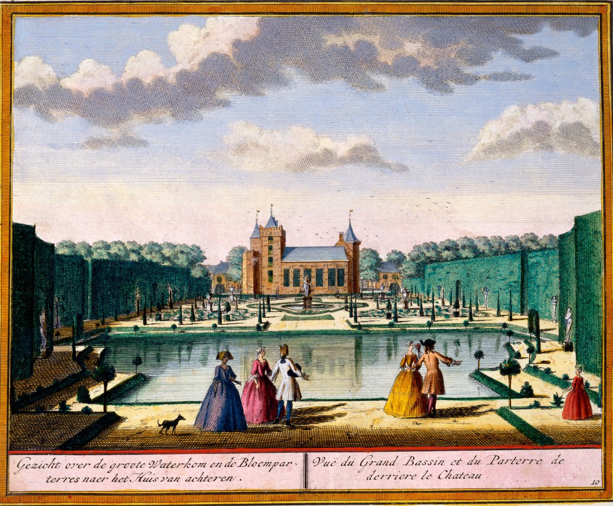 房子后面的大盆地和花坛景观，来自Hendrick de Leth的Het Zeganpralent Kennemerlant和Matthias Brouerius Van Nidek，出版于1700-30 作者 荷兰学校