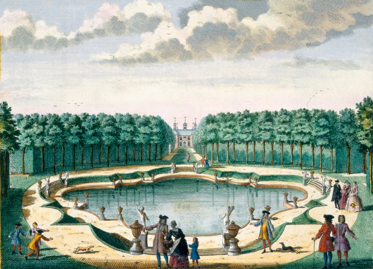 从Hendrick de Leth和Matthias Brouerius Van Nidek的Het Zeganpralent Kennemerlant看到的房子后面的池塘Beckenstein出版于17-17-1730 作者 荷兰学校