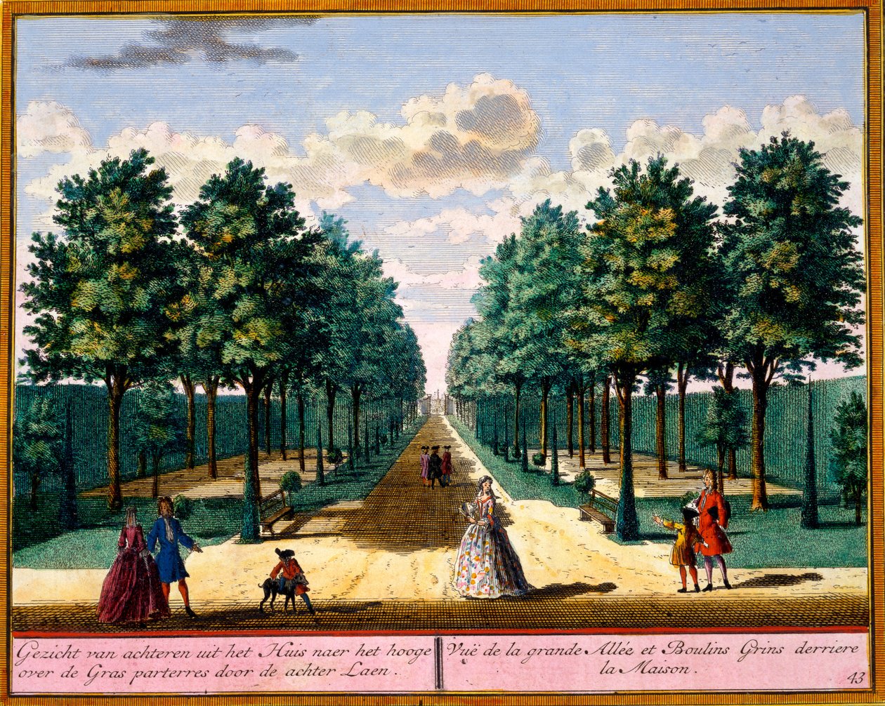 从Hendrick de Leth和Matthias Brouerius Van Nidek的Het Zeganpralent Kennemerlant看到房子后面的人行道，出版于1700-30 作者 荷兰学校