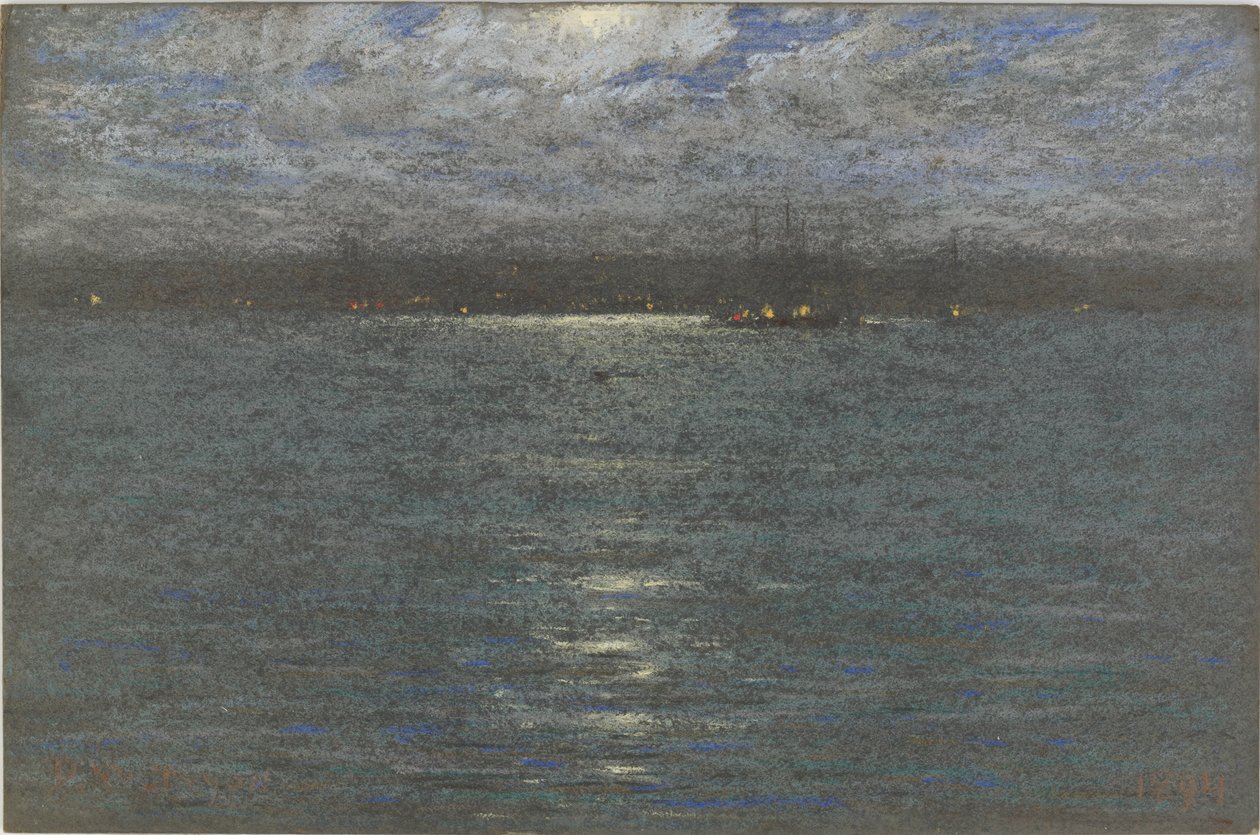 夜晚：1894年的海港（棕色纸上的粉彩） 作者 德怀特·威廉·特伦