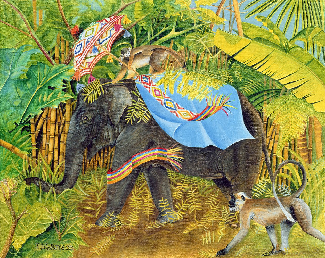 大象与猴子和遮阳伞，2005年（画布上的丙烯酸） 作者 EB瓦特