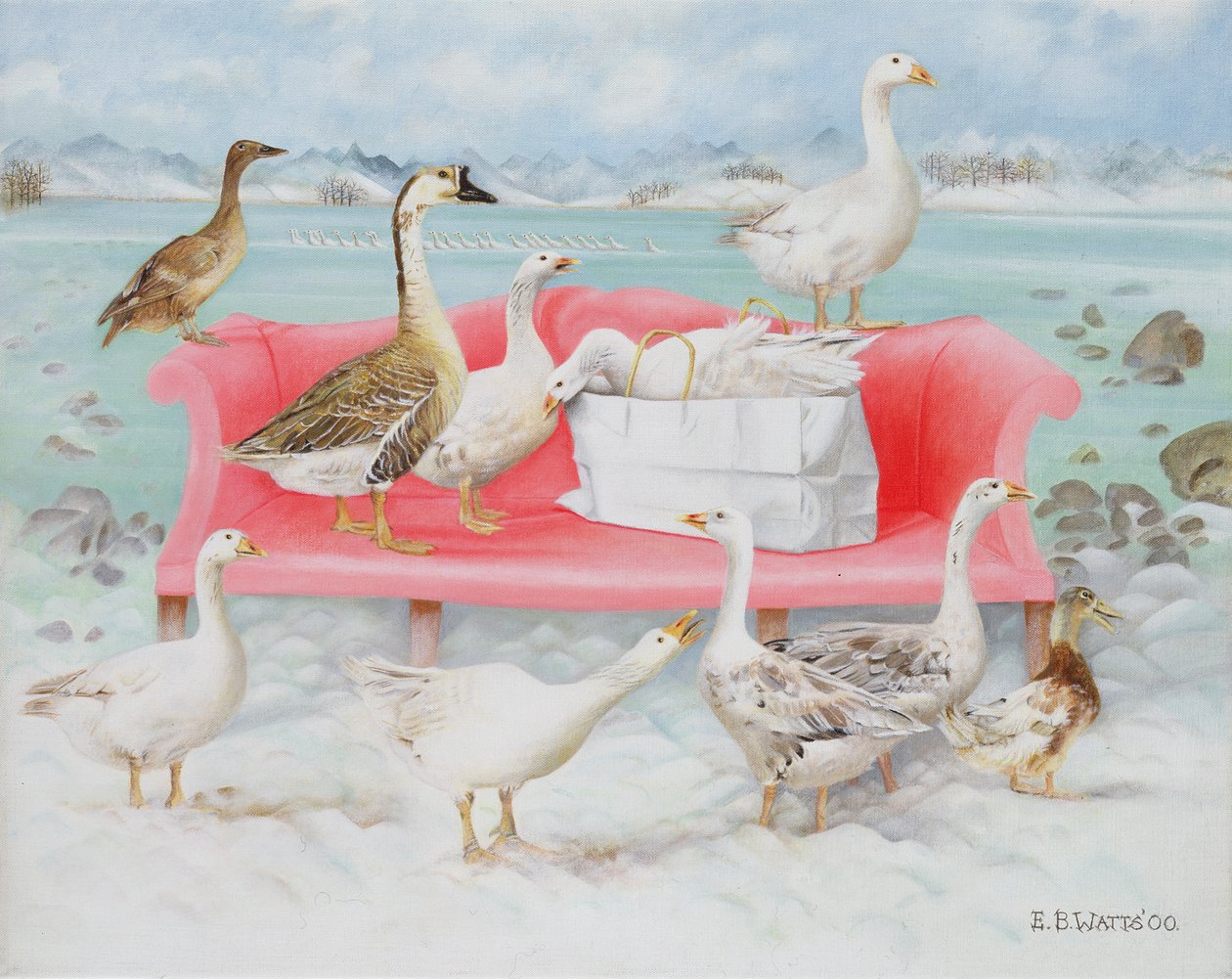 粉红色沙发上的鹅，2000（画布上的丙烯酸） 作者 EB瓦特
