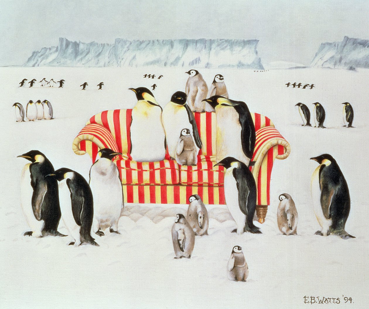 企鹅在红色和白色的沙发上，1994（丙烯酸） 作者 EB瓦特