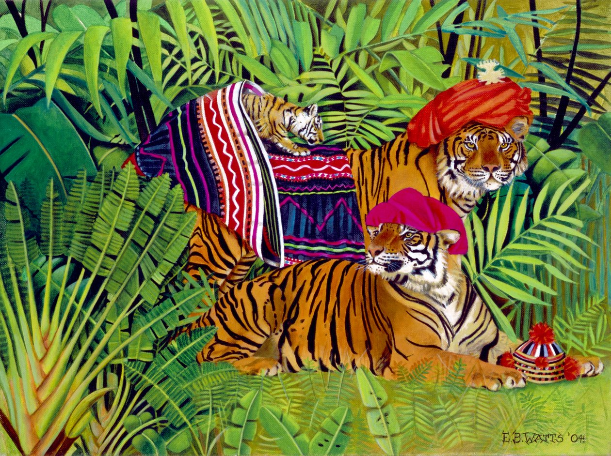 泰国服装的老虎家族，2004年（画布上的丙烯酸） 作者 EB瓦特