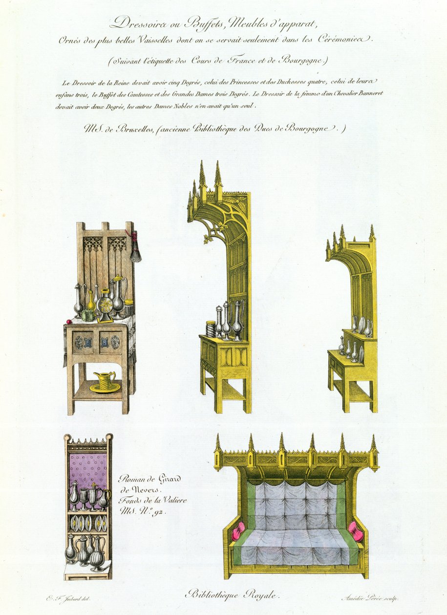 十五世纪的法国和勃艮第家具，来自Moncments Francais，Amedee Peree的版画，1839年 作者 英孚