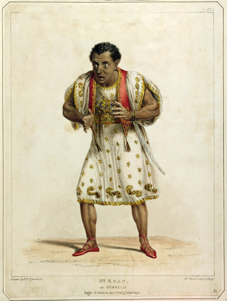 Edmund Kean先生（1787-1833）的肖像作为奥赛罗，由W. Sheldricks雕刻（彩色光刻） 作者 EF兰伯特