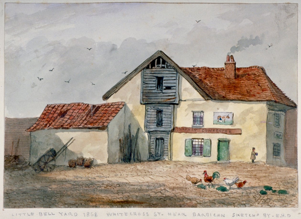 怀特克罗斯街小钟楼院子的景色，前景是鸡，伦敦，1868年 作者 EH戴维斯