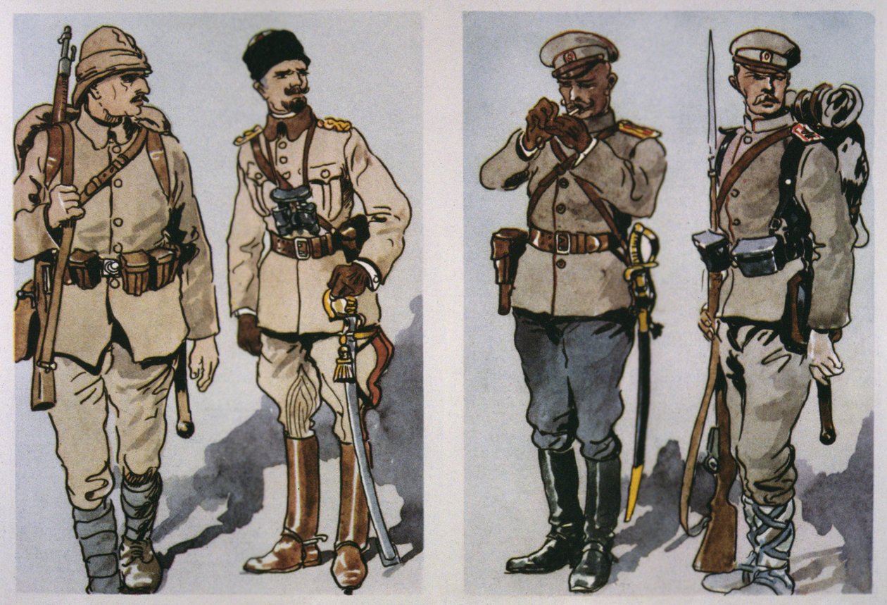 1917年的土耳其步兵和军官（左）和保加利亚步兵军官和步兵（右）（彩色平印）。 作者 E.（之后）多布里奇