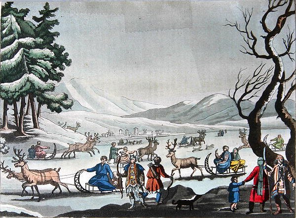 通古斯人乘坐驯鹿拉的雪橇离开他们的冬令营，约1820年（彩色版画） 作者 E.（之后）卡内杰夫