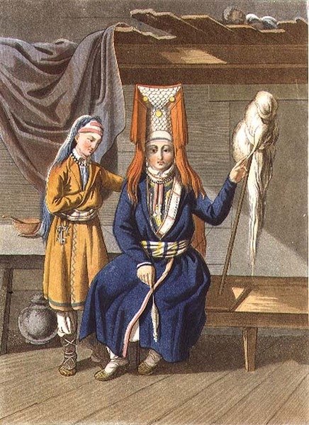 纺纱的沃特亚克妇女，由叶戈尔-斯科特尼科夫（1782-1843）雕刻（石印）。 作者 E.（之后）卡内杰夫
