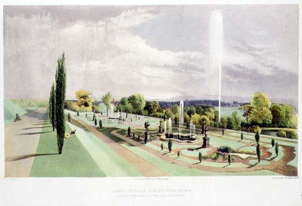 Worsley Hall的Lower Terrace花园，由Thomas McLean出版（石印）。 作者 E.Adveno布鲁克