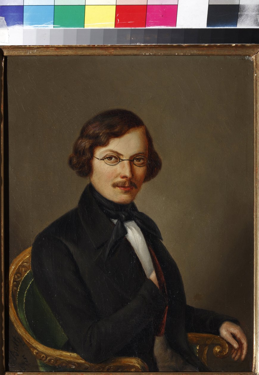 作家尼古拉-果戈里（1809-1852 年）的肖像 par Boltz, E.（19 世纪中期活跃）。布面油画 作者 玻尔兹