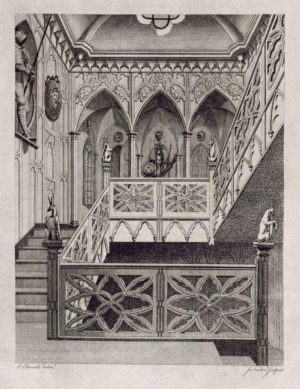 草莓山的楼梯，由J. Newton雕刻，来自Horace Walpole的“草莓山的描述”，1784年 作者 爱德华兹