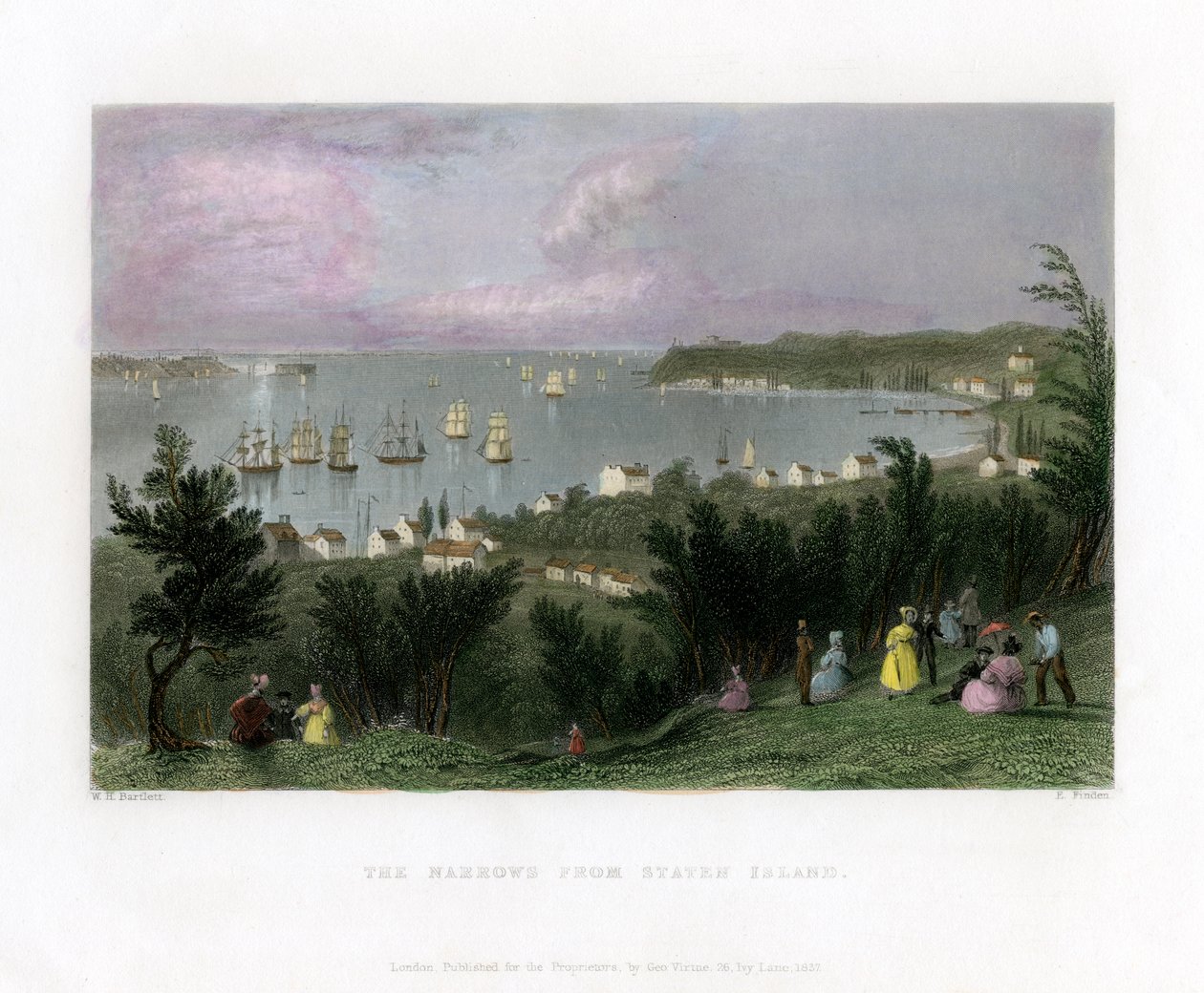 从美国纽约史泰登岛上看到的海峡，摄于1837年。 作者 E.查找