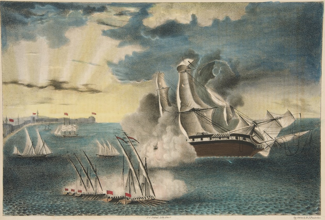 美国护卫舰费城在的黎波里从陆军和海军杂志，酒吧的岩石上。 1840年（彩色lithogaph） 作者 EJ平克顿