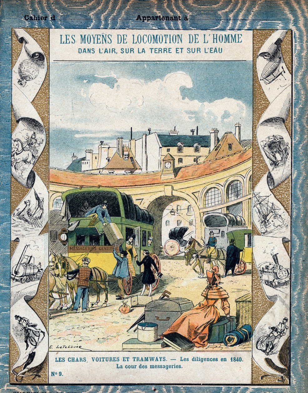 Diligence en 1840 - la cour des messageries - 1840年的马车 - 来自19世纪末的教科书保护套 - E. Letellier的插图 - Protege notebook historique, fin 19 century - 笔记本的保护套。 作者 E.莱特里尔