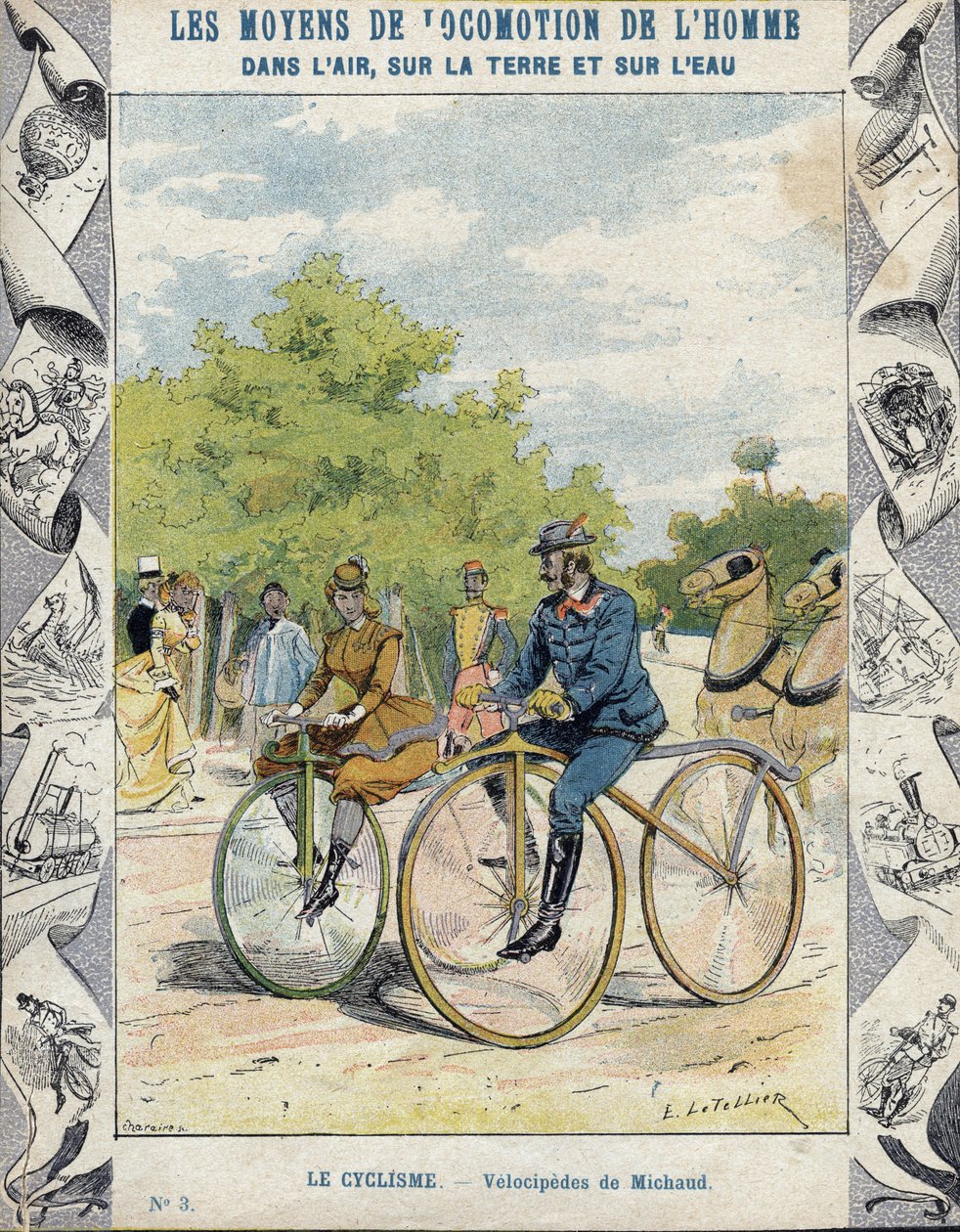 Pierre Michaux和Michaudine velocipedes - 来自19世纪末的学校书籍保护套 - Pierre Michaux (1813-1883)的 velocipedes a pedale (les michaudines) 作者 E.莱特里尔