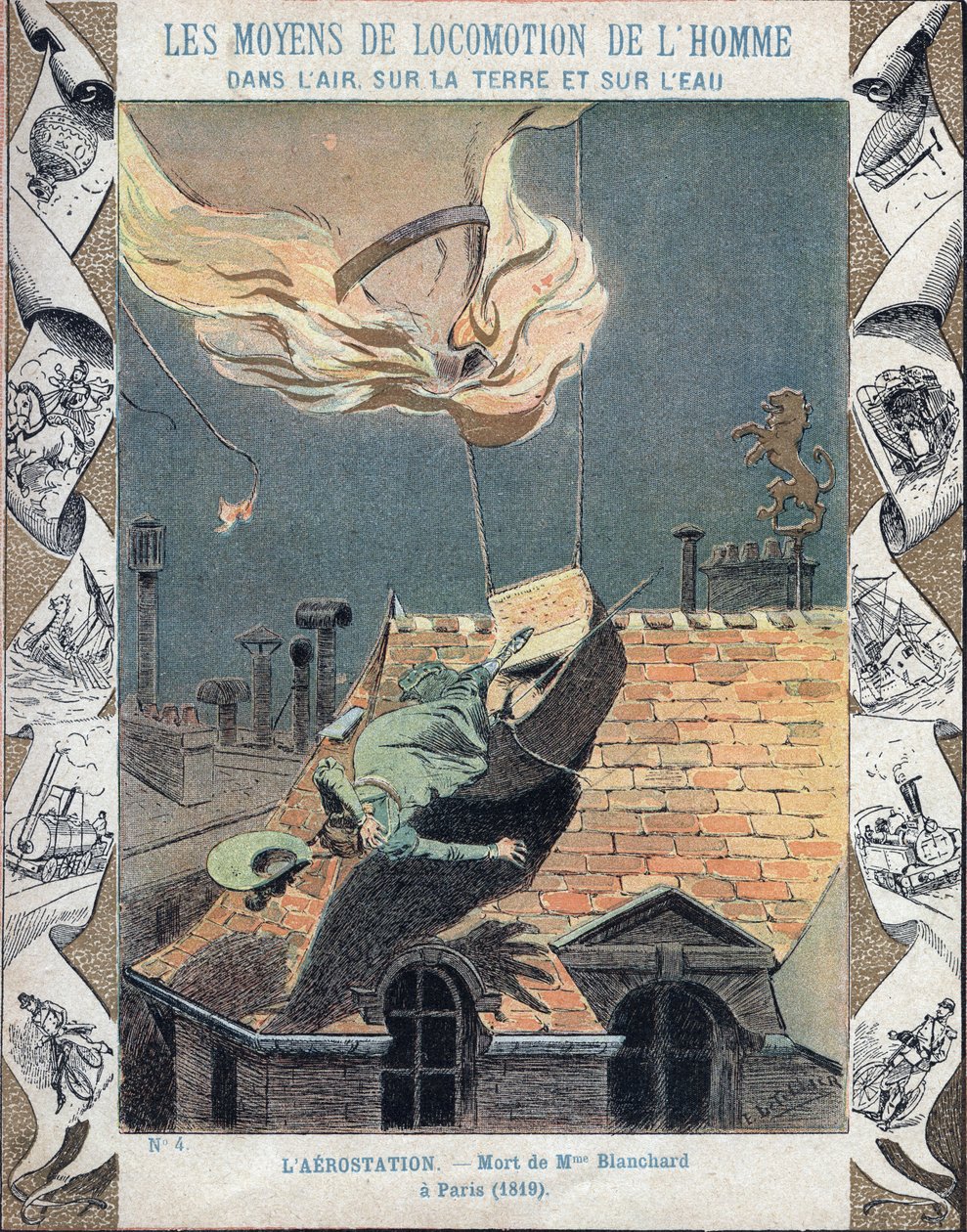 航天员Jean Pierre Blanchard的妻子Marie Blanchard在1819年6月6日在巴黎上空演示时，她的气球起火死亡 - 来自19世纪末的学校书籍保护套 - Mort de Madame Blanchard - 1819年7月16日，I 作者 E.莱特里尔
