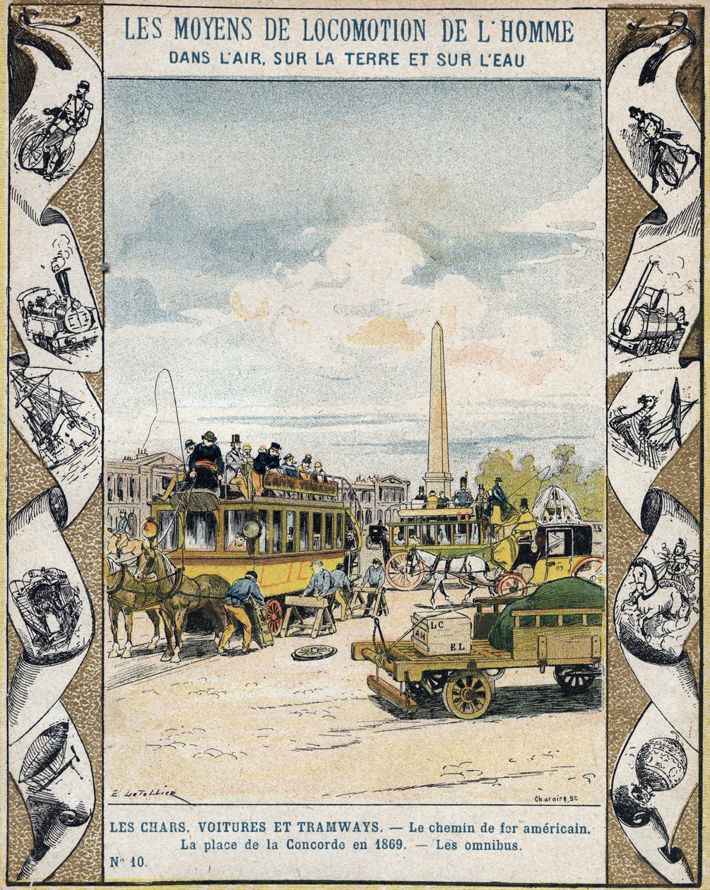 1869年巴黎协和广场上的交通：马拉车和 "chemin de fer americain"（有轨电车线路）--来自19世纪末的教科书保护套--坦克、汽车和有轨电车：美国铁路、协和广场德 作者 E.莱特里尔