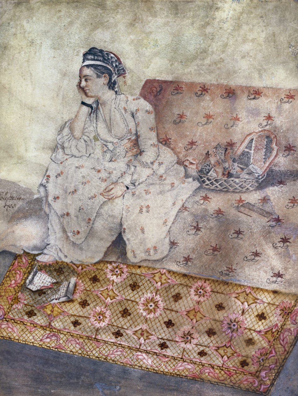 1755年Jean-Etiene Liotard绘制完成后，考文垂伯爵夫人Mary Gunning的肖像（纸上写着） 作者 E.利特尔顿