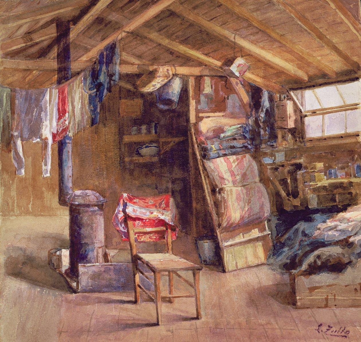 阁楼内部，约 1860 年（纸面水彩画） 作者 E佐罗